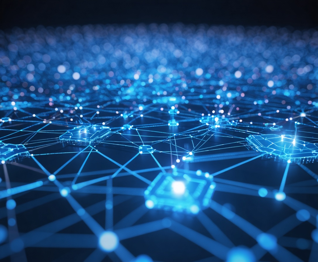 Abstract 3D render of a digital blueprint representing our technical curriculum
