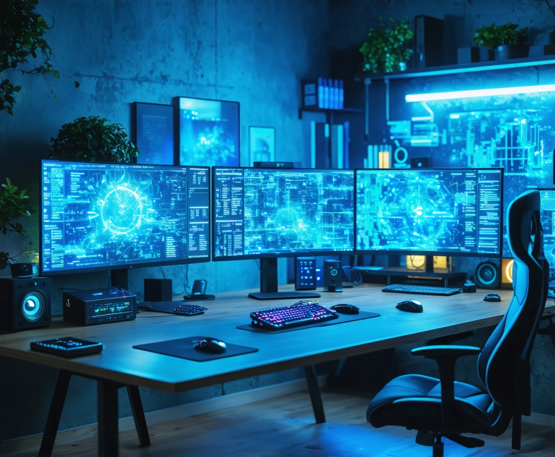 Cinematic shot of a modern minimalist tech workspace