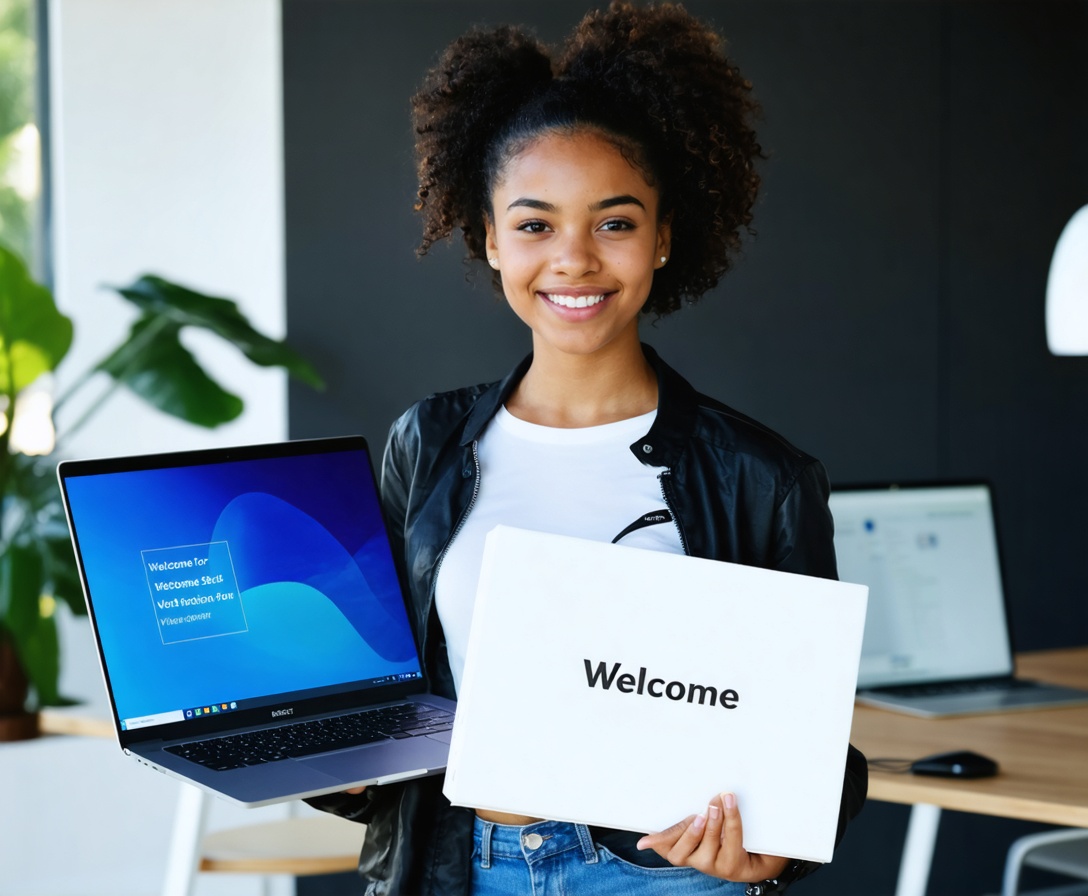 A successful graduate holding her new laptop at her first engineering job