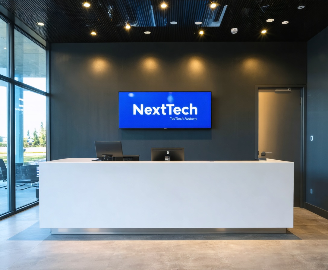 The sleek reception desk of NextTech Academy featuring digital signage